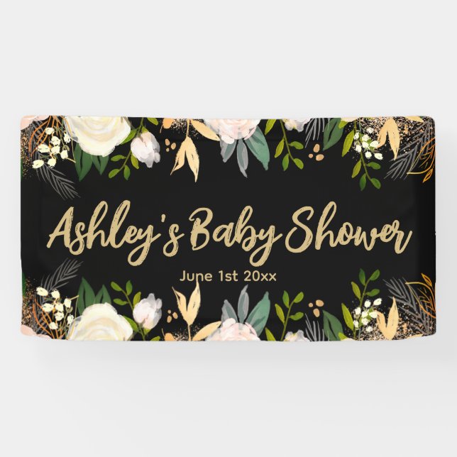 Baby Shower Photobooth Backdrop Floral Black Gold  Banner (Horizontal)