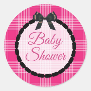 Baby Shower Pink and black Plaid and Bow Stickers