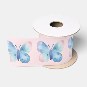 Baby Shower, pink and blue watercolor butterfly Satin Ribbon