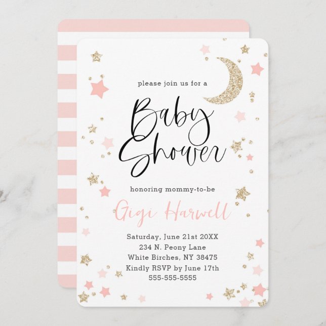 Baby Shower Pink and Gold Glitter Twinkle Star Invitation (Front/Back)