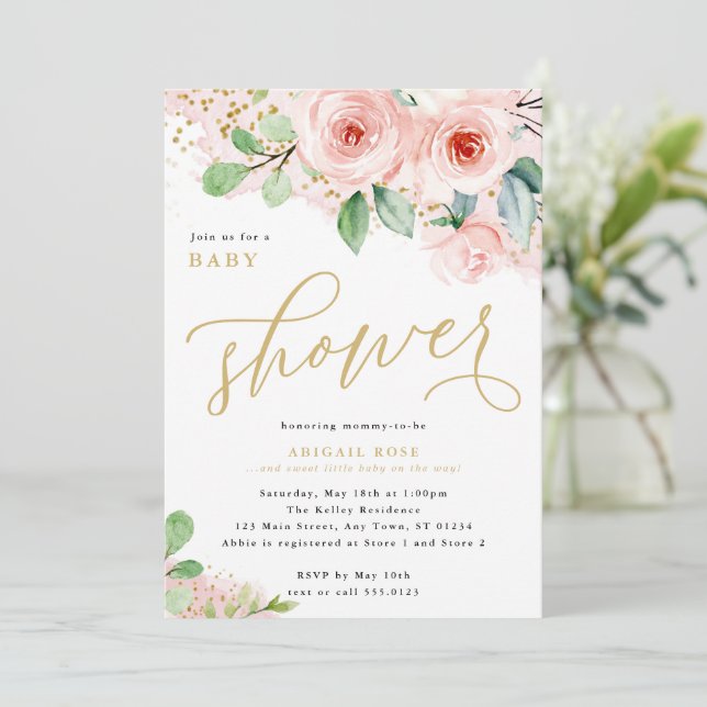Baby Shower, Pink and Gold Watercolor Flowers Invitation (Standing Front)