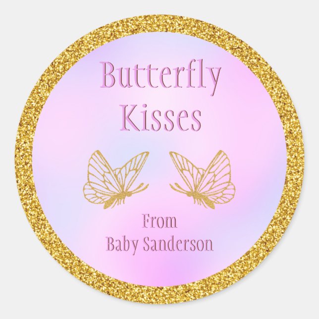 Baby Shower Pink and Gold Whimsical Butterfly Classic Round Sticker (Front)