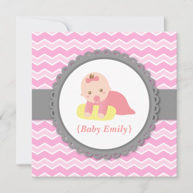 Baby Shower - Pink and White Chevron, Baby girl Invitation (Front)