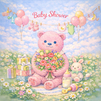 Baby Shower – Pink Bear Floral Illustration Card