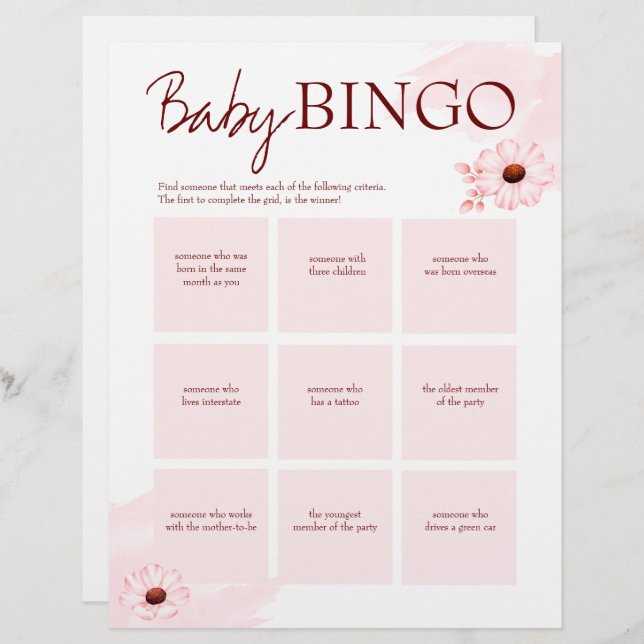 Baby shower pink bingo game personalised template custom letterhead (Front/Back)