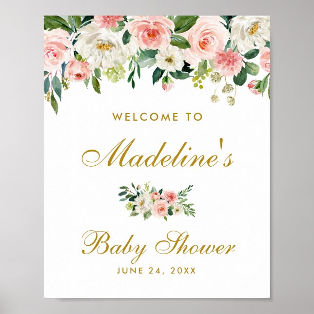 Baby Shower Pink Blush Floral Gold Welcome Poster (Front)