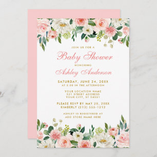 Baby Shower Pink Blush Floral White Gold Invite P