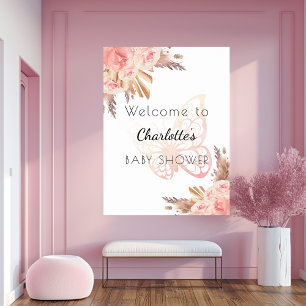 Baby Shower pink butterfly roses pampas welcome Poster