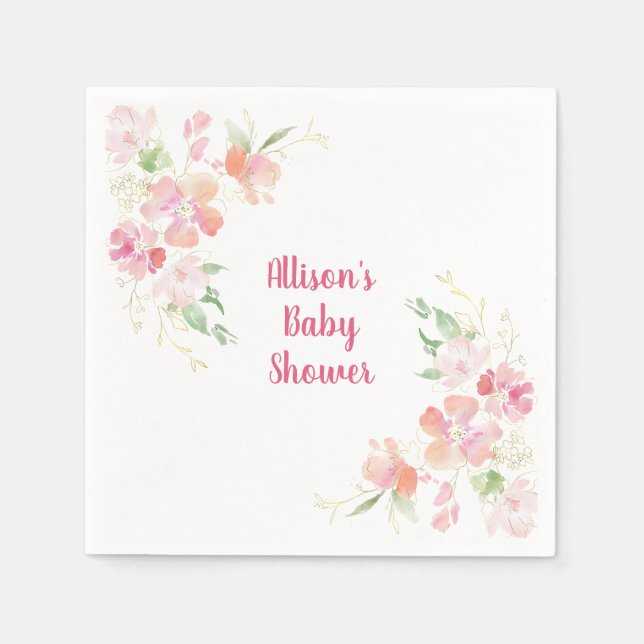 Baby Shower | Pink Coral Gold Floral Napkin (Front)