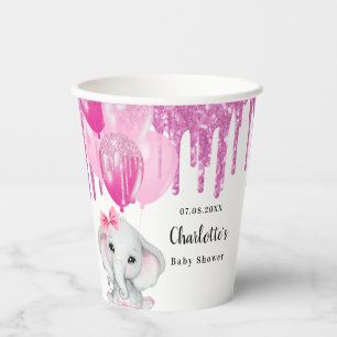 Baby Shower pink elephant girl glitter white Paper Cups