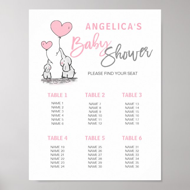BABY SHOWER Pink Elephant Girl Seating Chart (Front)
