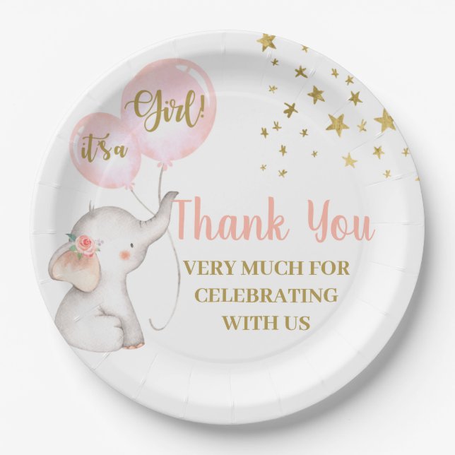 Baby Shower Pink Elephant Paper Plate (Front)