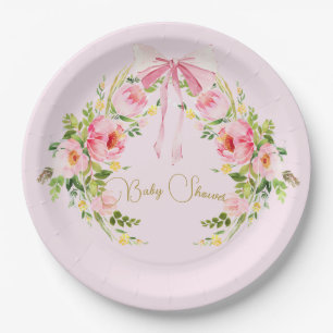 Baby Shower Pink Floral Crest Regency Bow  Paper Plate