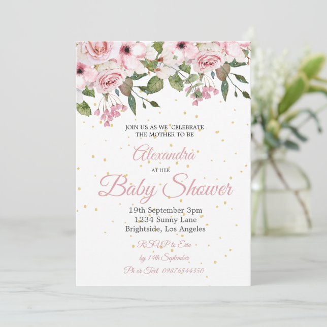 Baby Shower Pink Floral Gold Chic Invitation (Standing Front)
