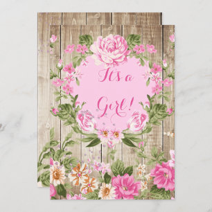 Baby Shower Pink Floral Rustic Wood Girl Invitation