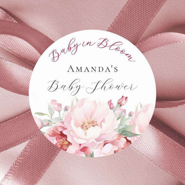 Baby Shower pink florals baby in bloom Classic Round Sticker (Creator Uploaded)