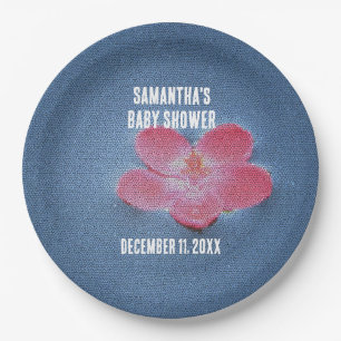 Baby Shower Pink Flower Blue Water Floral Paper Plate