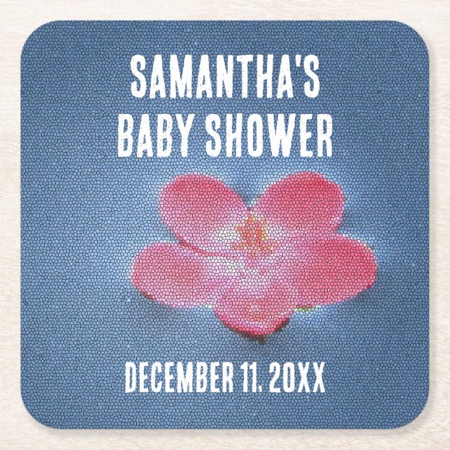 Baby Shower Pink Flower Blue Water Floral Square Paper Coaster (Front)
