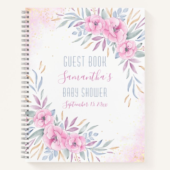 Baby Shower Pink Flowers Watercolor Guest Book (Front)