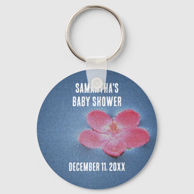 Baby Shower Pink Fower Blue Water Keepsake Key Ring (Front)