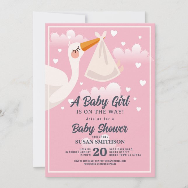 Baby Shower Pink Girl Stork Clouds Invitation (Front)