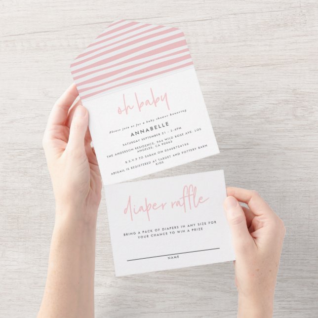baby shower pink girly modern typography simple all in one invitation (Tearaway)