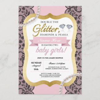 Baby Shower Pink Glitter Bow Twins Girls Invite