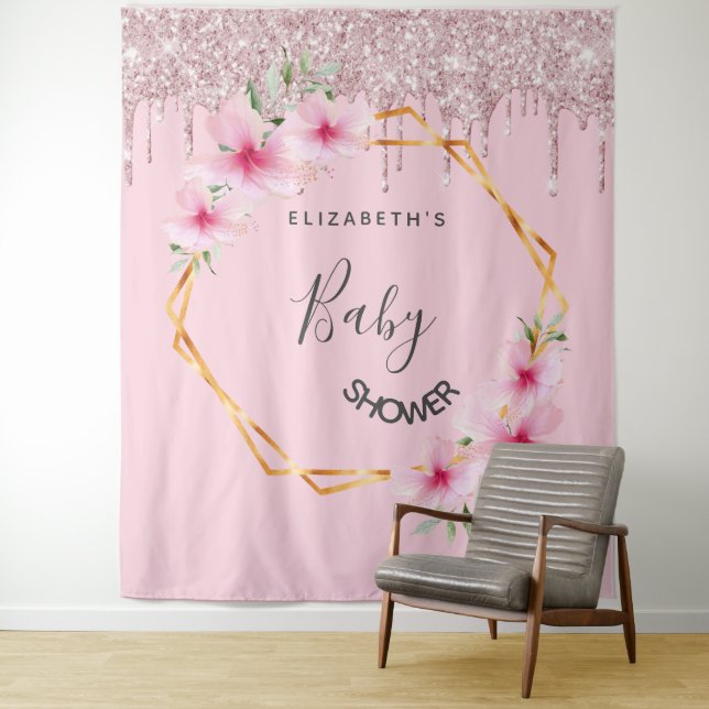 Baby Shower pink glitter florals girl geometric Tapestry (In Situ)