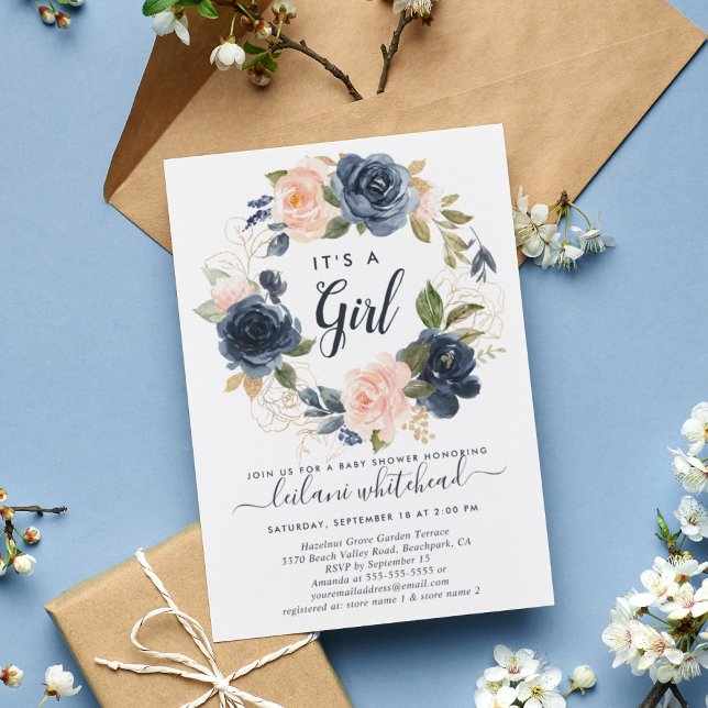  Baby Shower Pink Navy Floral Wreath Invitation (Creator Uploaded)