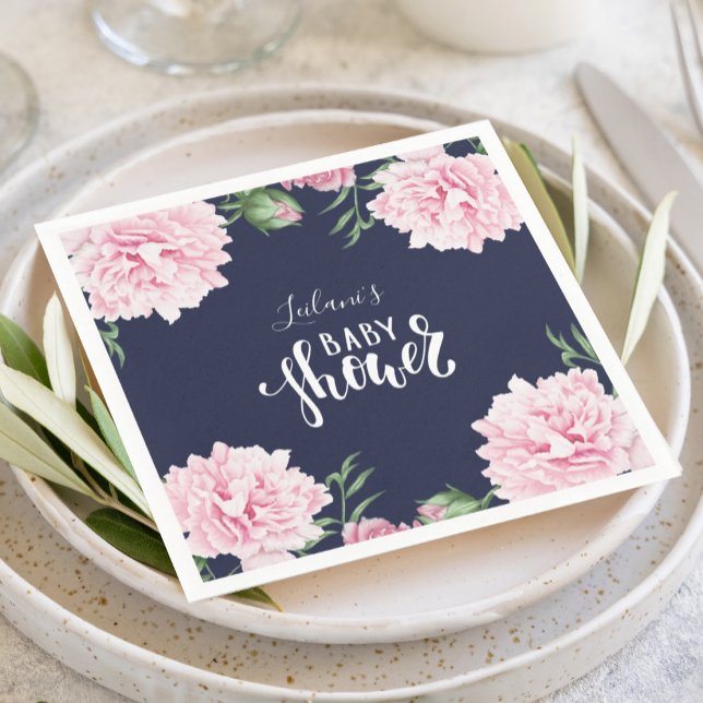 Baby Shower Pink Peony Floral Navy Blue  Napkin (Pink peony watercolor botanical floral with a navy background and fun typography napkin for a shower)