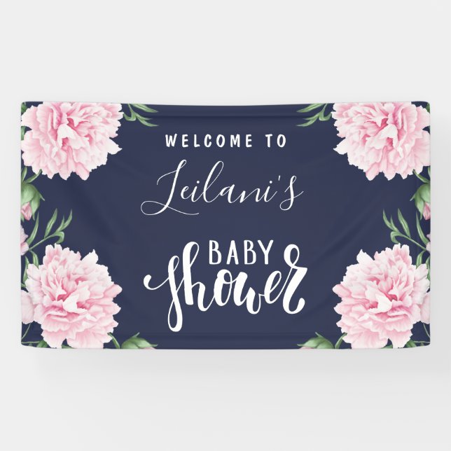Baby Shower Pink Peony Navy Blue Welcome Banner (Horizontal)