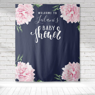 Baby Shower Pink Peony Navy Blue Welcome Tapestry