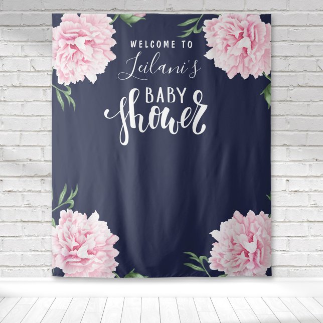 Baby Shower Pink Peony Navy Blue Welcome Tapestry (Pink watercolor peony with navy background typography baby shower tapestry backdrop for photo ops.)