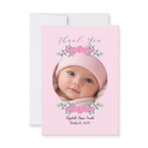 Baby Shower Pink Photo Name Thank you Card Roses