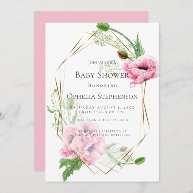 BABY SHOWER | Pink Poppies Invitation (Front/Back)