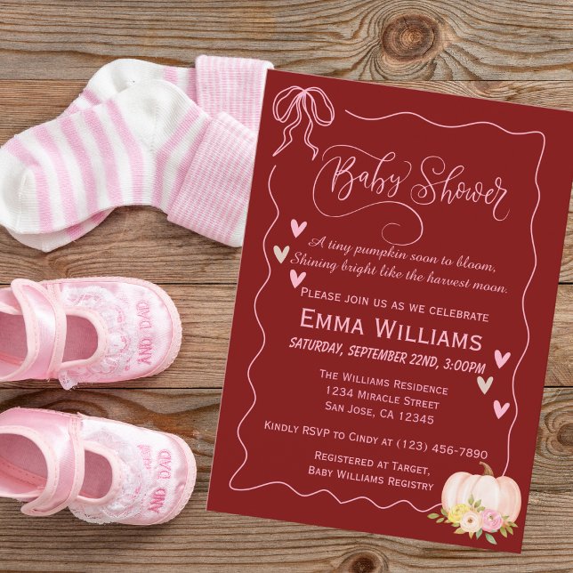Baby Shower Pink Pumpkin Bow Hearts Cute Custom Invitation (Creator Uploaded)