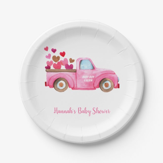 Baby Shower Pink Retro Truck Watercolor Paper Plate (Front)