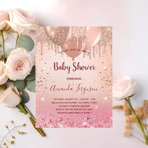 Baby Shower pink rose gold glitter balloons girl Invitation Postcard