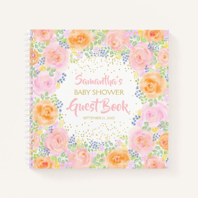 Baby Shower Pink Rose Watercolor Floral Guest Book (Front)