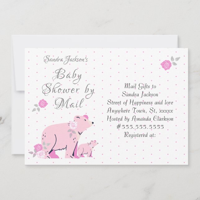 Baby shower Pink Roses Pink Mama Bear and Cub Invitation (Front)