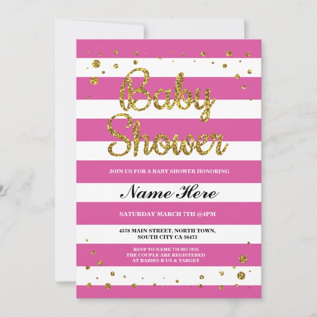 Baby Shower Pink Stripe Gold Glitter Girl Invite (Front)
