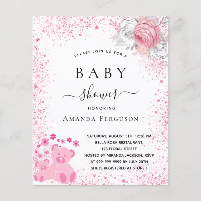Baby shower pink teddy girl floral invitation (Front)