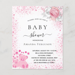 Baby shower pink teddy girl floral invitation
