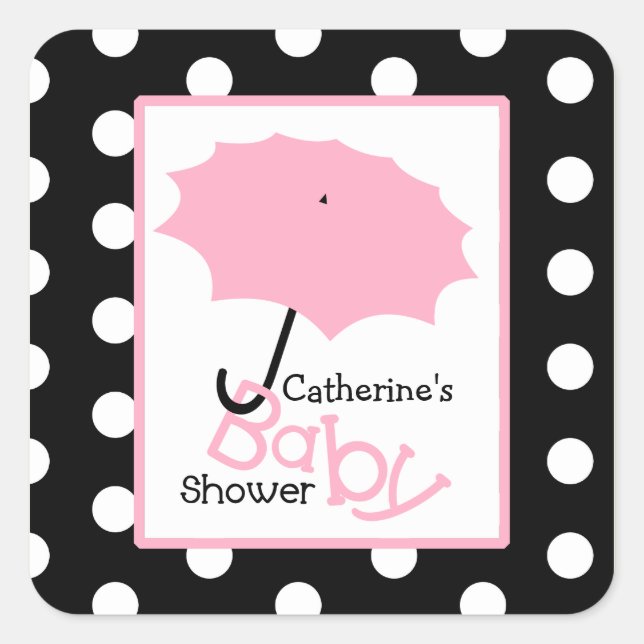 Baby Shower Pink Umbrella & Polka Dots Square Sticker (Front)
