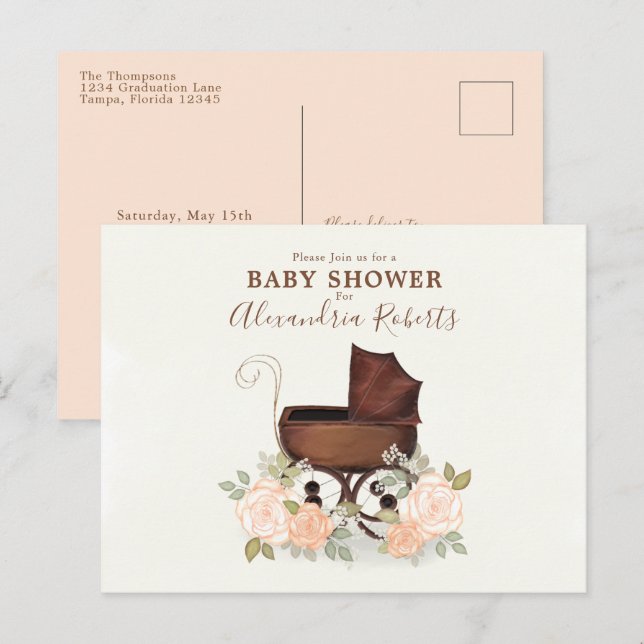 Baby Shower Pink Watercolor Elegant Floral Buggy Postcard (Front/Back)