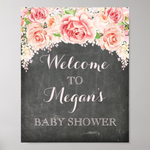 Baby Shower Pink Watercolor Flowers Chalkboard Poster