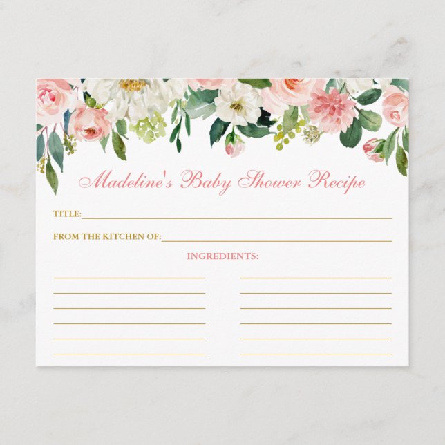 Baby Shower Pink White Floral Gold Recipe Card (Front)
