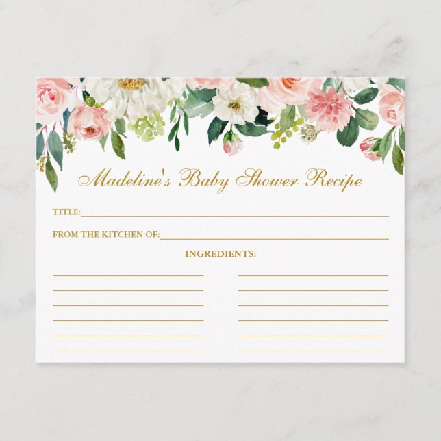 Baby Shower Pink White Floral Recipe Card Gold (Front)
