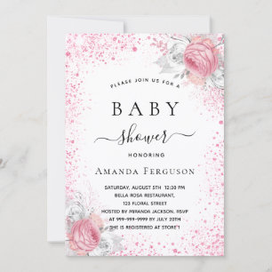 Baby shower pink white glitter girl floral invitation