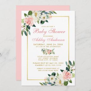 Baby Shower Pink White Gold Floral Invitation GP